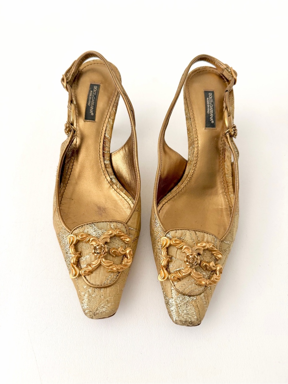 DOLCE & GABBANA | Vintage Gold Brocade Slingback Kitten Heel Pumps EU 37.5 - Picture 3 of 17